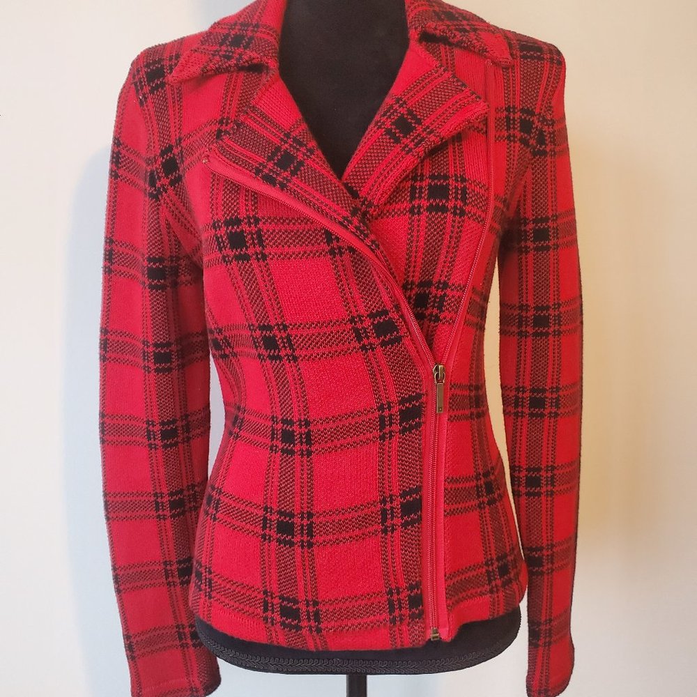 RALPH LAUREN CHAPS RED & BLACK PLAID STRETCH KNIT ZIP BLAZER JACKET SIZE PM
